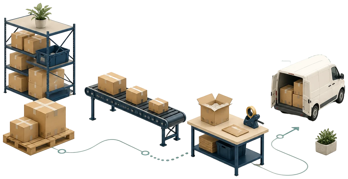 A warm illustrated fulfillment flow with organized inventory shelves, packing workbench, parcels, and nationwide shipping