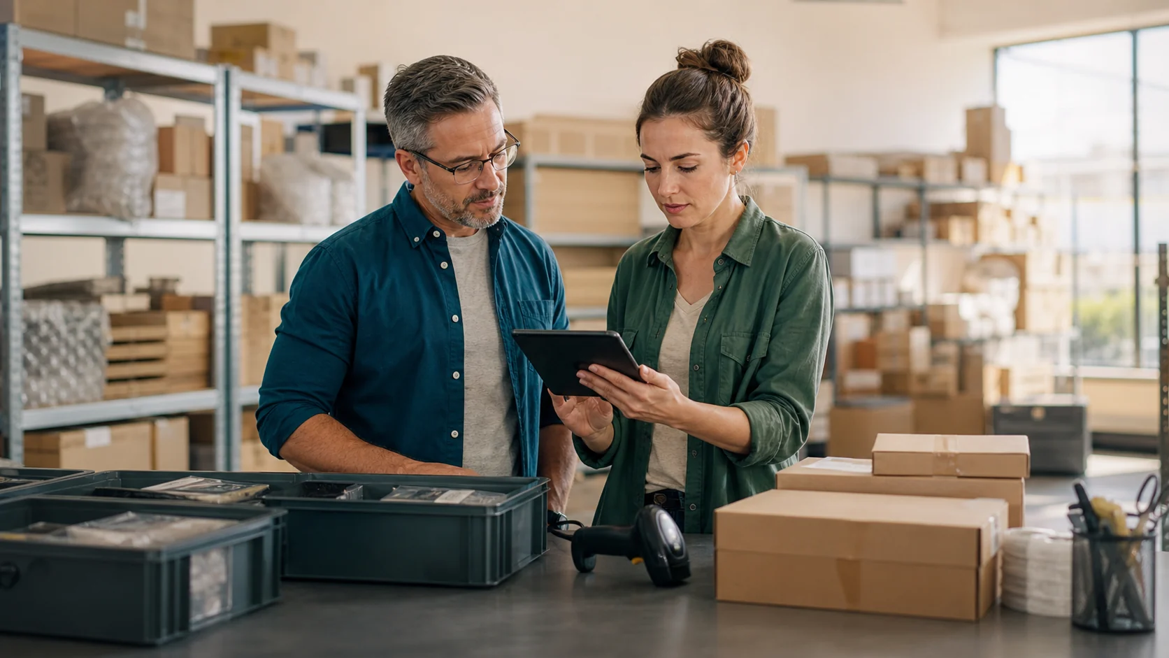 Two operations professionals reviewing inventory at a warehouse packing table