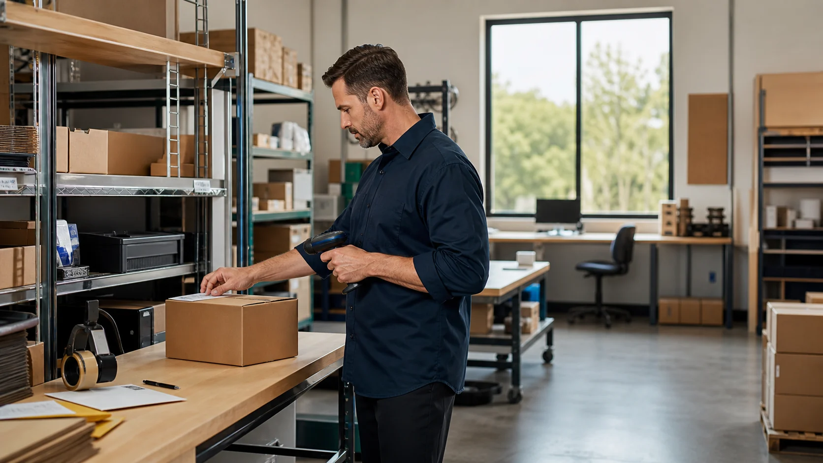 An operations specialist scanning a package at an organized warehouse workstation